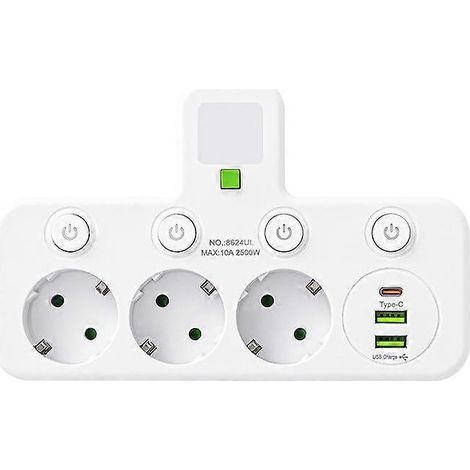 Adaptateur de prise de bureau, multiprise haute efficacité, interrupteur de commande indépendant, conception compacte, blanc. (1/5)