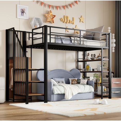Bett Hochbett Stauraum 90x200 Metall Schwarz OKMYHOME (1/5)