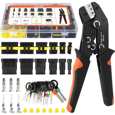 1023 Pièces Kit Connecteur Étanches Automobile, avec Pince à Sertir0.5-2.5mm²(AWG20-13), 1/2/3/4/5/6 Pôles Connecteurs Rapides, Extracteur de Bornes, pour Moto Voiture Scooter Caravan (1/5)