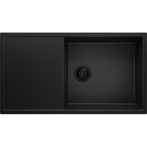 PRIMAGRAN Evier Cuisine en Granit 90x50cm, Lavabo 1 bac + Kit de Vidage, Évier à Encastrer au meuble 60cm - Ibiza, Tout Noir
