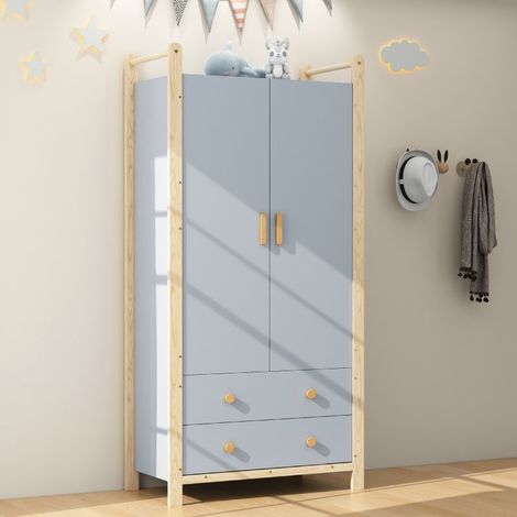 VVBV Armoire de rangement, penderie intégrée, tiroirs, 90 x 45 x 180 cm, Bleu, en Solid Wood+MDF (1/5)