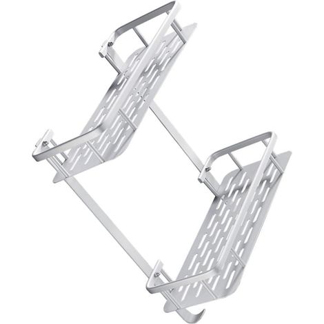Étagère de salle bain double couche en aluminium spatial avec crochets, sans perçage, résistante à (1/5)
