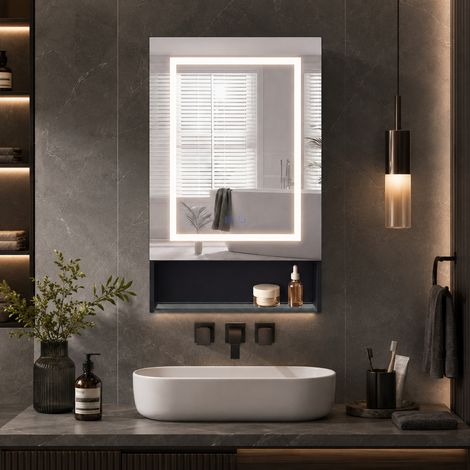 Armoire Salle de Bain avec Miroir Murale Armoire Miroir avec Éclairage et Fonction Antibuée 50x16x88 cm Meuble de Toilette avec Prise, 4 Compartiments, Noir (1/5)