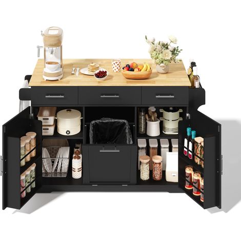 Îlot central de cuisine extensible Noir, desserte de cuisine avec rangement, avec 2 portes, 3 tiroirs, 136x75x92cm (1/5)