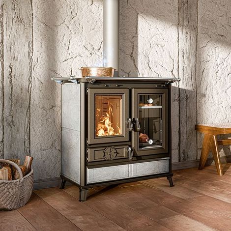 Cuisinière à bois en pierre raccordable - THERMOROSSI Melissa Evo Stone 7.8 kW Avec kit air - Avec 2 barres latérales (1/5)