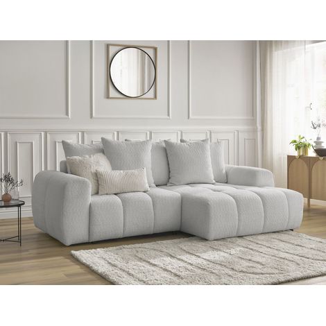 BOBOCHIC - Canapé d'angle convertible coffre ROXELANE tissu bouclette Angle droit Gris clair (1/5)
