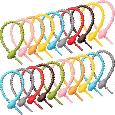 20 strisce di silicone colorate riutilizzabili con un'ampia gamma di utilizzi: possono essere usate come fermagli per sacchetti, fascette per cavi e strisce per sigillare il pane. (1/5)