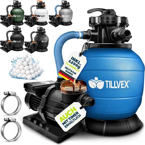 tillvex Filtre à sable vert 13200L/h avec 1200g de balles filtrantes – Système de filtration avec vanne 7 voies Filtre de piscine avec manomètre Filtre à sable pour piscines et bassins