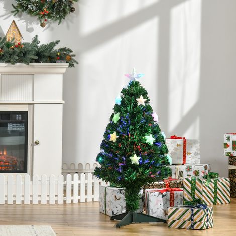 Árbol de Navidad artificial con luces, 90 cm de altura, fibra óptica LED multicolor + soporte, 90 ramas, estrella en la cima, verde brillante. (1/5)