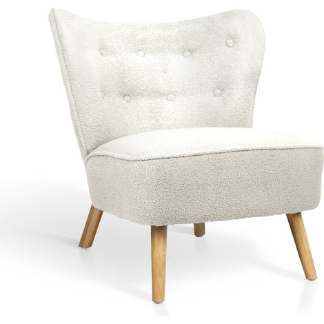 HISPANOHOGAR, Butaca de respaldo bajo en borreguillo blanco con patas de madera natural 78x72x80