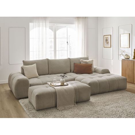 BOBOCHIC - Canapé d'angle convertible coffre EVEREST tissu chiné avec pouf Angle droit Taupe (1/5)