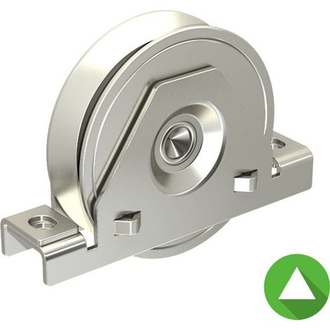– Monture pour portail coulissant – Galet en acier zingué Ø98 mm – Charge 200 kg – Gorge en V 21 mm – Adapté rail SU1626 (1/3)