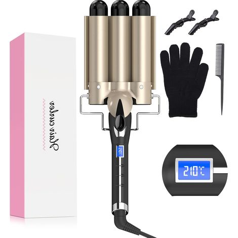 Curling Iron with 3 Waver Heads 32 mm, Large Waves Wavy Iron 14 Temperature Controlled from 80⁰C to 210⁰C - LCD Screen, Tourmaline Ceramic Coating, Fast Heating 30 Seconds (1/5)