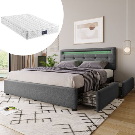 Struttura letto con illuminazione a LED e 4 cassetti, materasso incluso, letto matrimoniale imbottito 140x200 cm, testiera regolabile in altezza, rete a doghe in legno, grigio (1/5)