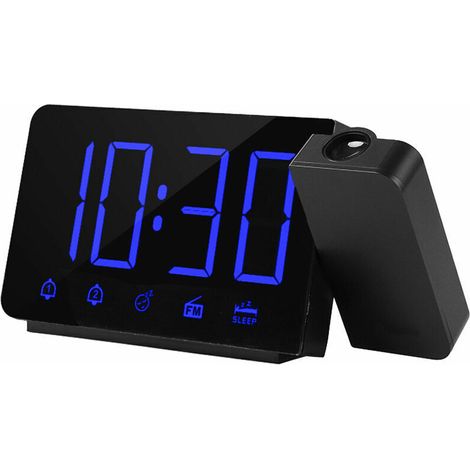 180-Degree Projection Alarm Clock with Snooze, FM Radio, 4 USB Ports, Dimmer Switch, Dual Charging, 12/24-Hour Digital Clock for Bedrooms, Blue