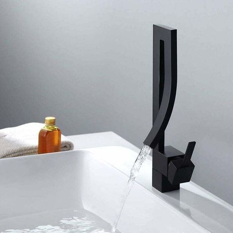 Rubinetto per lavabo da bagno a foro singolo, rubinetto nero per lavabo da bagno, design moderno e creativo, maniglia monocomando, lavabo da bagno monocomando. (1/4)