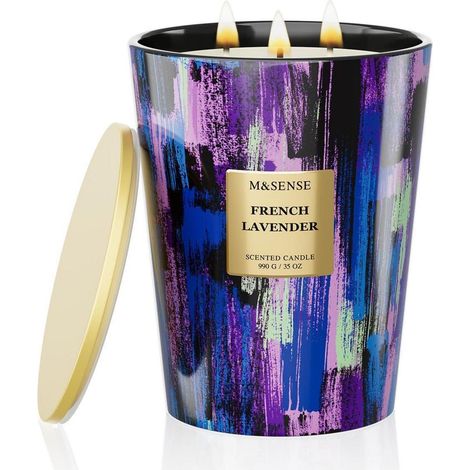 Grande bougie parfumée en verre avec 3 mèches, 150h de combustion, 990g de cire de soja, Lavande