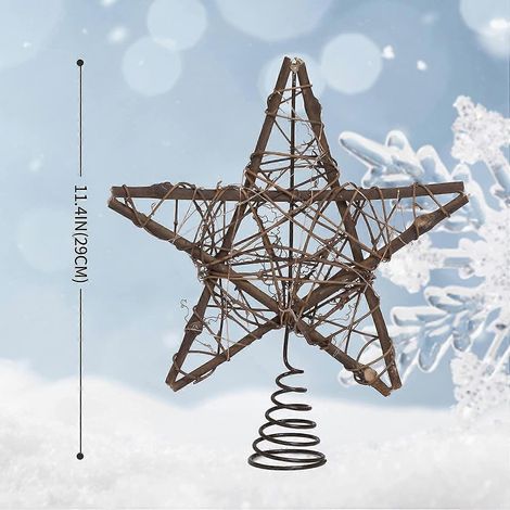 Adorno para la cima del árbol de Navidad. Estrella de ratán natural con ramas iluminadas y 15 luces LED para Navidad. (1/4)
