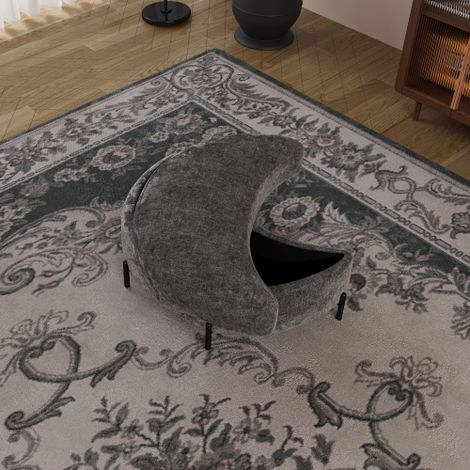 Pouf de rangement en forme de croissant (Tissu chenille avec couvercle-plateau) — Fait office de table d'appoint, de siège rembourré, de banc pour se chausser et de repose-pieds convient aux salons, (1/4)