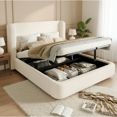 Bett modern aus Bouclé Beige 160x200 cm mit gepolstertem Kopfteil, Lattenrost und hydraulischem Stauraum (1/5)