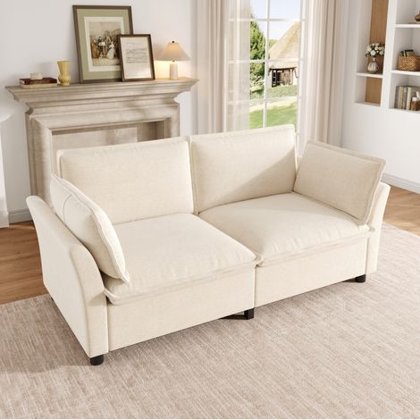 Sofá de 2 plazas de 155x81x87 cm, asiento profundo, 2 cojines reposabrazos, tejido de chenilla para salón - beige (1/5)