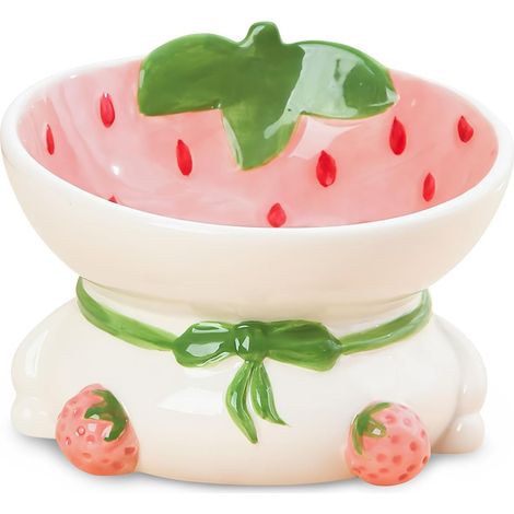 Ceramic Raised Cat Bowl, 15° Tilted Elevated Cat Food Bowl, Raised Cat Food Bowls Anti Vomiting, Small Cat Feeding Bowlswith Stand for Protecting Spine, Strawberry Shaped Cute Kitten Bowl (1/5)
