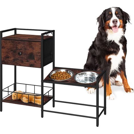 Relaxdays Futterstation Hund, 2 Hundenäpfe, Stauraum, HBT 76x90x27 cm, erhöhte Hundebar, Industrial, Hundeschrank, braun