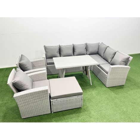 Fimous 9 Seater Garden Outdoor Rattan Furniture Set Rattan Corner Sofa Oblong Dining Table with 2 Armchairs Big Footstool Light Grey Mixed (1/4)