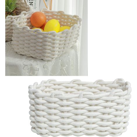 Panier de rangement en corde de coton, tricoté à la main, style nordique, organisateur de bureau, pour clés, en-cas, sous-vêtements, blanc, 30 x 22 x 14 cm / 11,8 x 8,7 x 5,5 pouces (1/5)