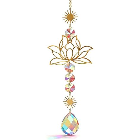 Attrape-Soleil Cristal, Attrape-Soleil Élégant pour Fenêtre en Laiton & Verre, Mobile Lotus 41 cm para salón, balcón y jardín, Carillon Décoratif con Réflexions Colorées
