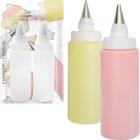 2 Flacons Squeezers + Douilles 185 ml - Bouteille Pâtisserie - Pour Glaçages, Gâteaux, Biscuits, Sablés, Desserts - Sauce Chocolat - Plastique Alimentaire Flexible Cuisine - 5165 (1/5)