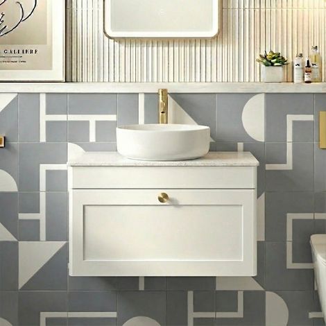 Nuie Classique Wall Hung 1-Drawer Vanity Unit with White Marble Worktop 800mm Wide - Satin White (1/4)