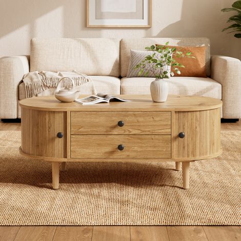 Table basse ovale 100x50x40 cm avec lattes verticales, 2 tiroirs et portes coulissantes, rangement intégré, MDF, chêne (1/5)