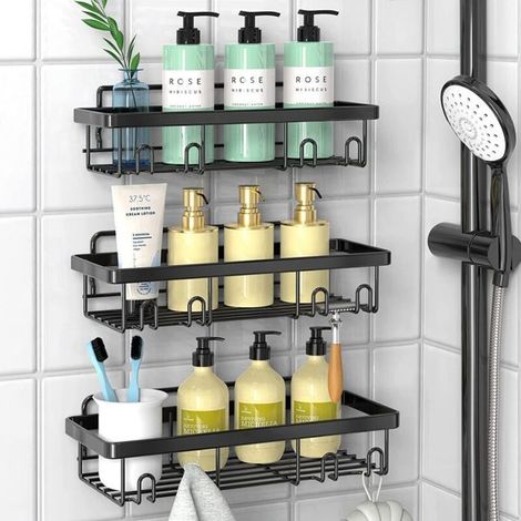 Étagère de douche sans perçage, ensemble de 3 étagères de salle de bain, rangement de salle de bain sans perçage, organisateur de douche noir (1/4)
