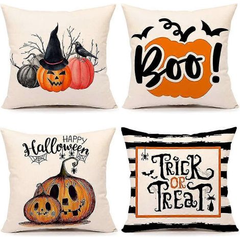 Herbstliche Halloween-Kürbis-Kissenbezüge, 45 x 45 cm, 4er-Set, Süßes oder Saures, Landhausstil-Dekoration, Heimdeko-Kissenbezug für Sofa und Couch (1/5)