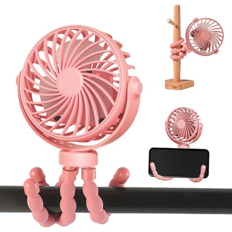 Tragbarer Kinderwagenventilator, USB-aufladbarer Ventilator, Mini-Ventilator mit flexiblem Stativ, 360° drehbar, 3 Geschwindigkeitsstufen für Reisen, Sitz, Schlafzimmer (Pink) (1/5)