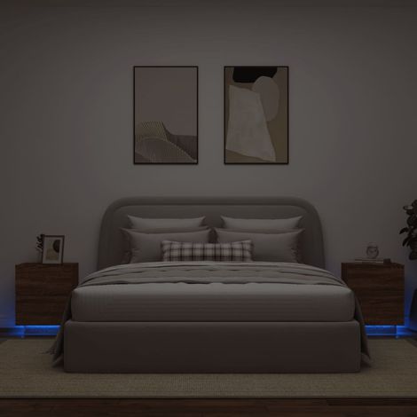 Mesitas de noche luces LED 2 uds madera ingeniería roble marrón vidaXL (1/5)