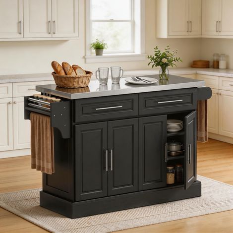 Isla de Cocina con Ruedas Tablero de Acero Inoxidable Cajones Estantes Ajustables Especiero Toallero 145x45x93 cm Negro (1/5)