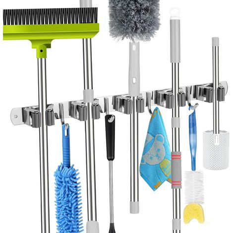 Robuster, selbstklebender Wandbesenhalter, 5 Halterungen und 4 Haken zur Aufbewahrung von Reinigungsutensilien, Küche, Waschküche, Garage oder Garten.