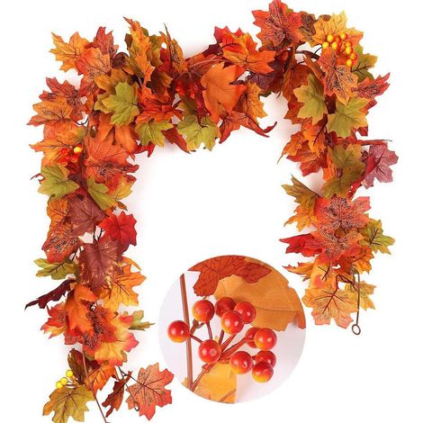 Lot de 2 guirlandes de Feuilles d'érable artificielles, Couronne de Feuilles d'érable d'automne de 180 cm,décoration d'automne,Décoration d'intérieur pour Halloween, Thanksgiving, Mariage (1/5)