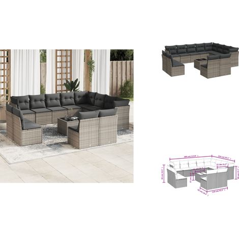 13-tlg. Garten-Sofagarnitur mit Kissen Grau Poly Rattan - Gartenmöbel - PE-Rattan Möbel - Outdoor Sofa Set - Lounge Set - Esstisch