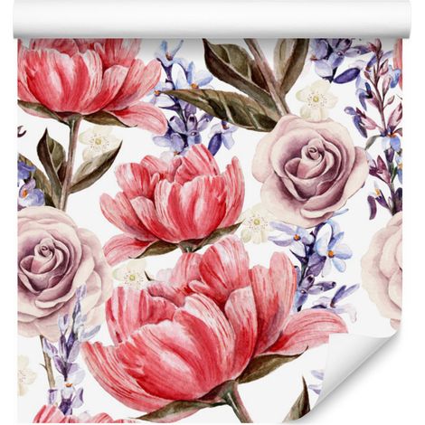 Carta da parati con rose, peonie e lavanda per soggiorno e camera da letto, 50x1000 cm. (1/5)