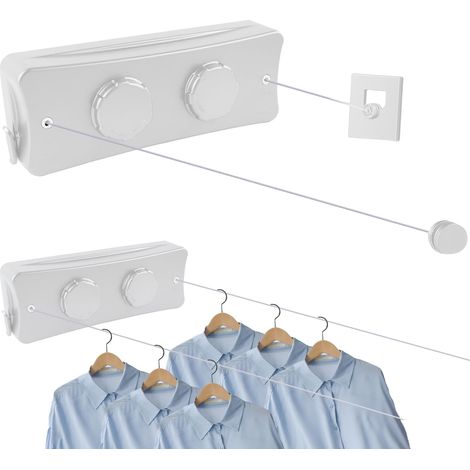 Corde à Linge Rétractable, Fil Linge Retractable en Acier Inoxydable 304, Fil Etendoir Retractable 5,1m Capacité de Charge de 20Kg pour Intérieur/Extérieur, Blanc (1/5)