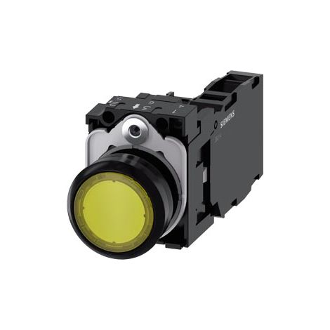 Pulsante luminoso, 22 mm, rotondo, in plastica, giallo, pulsante, piatto, ad impulso, con supporto, 1 NO+1 NC, modulo LED con LED integrato 24 V AC/DC, morsetto a vite