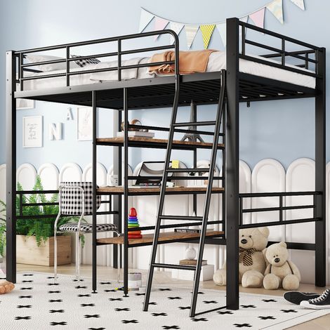 Lit mezzanine 90 x 200 cm en métal noir avec bureau, étagères, échelle et garde-corps, certifié EN747 dès 6 ans, sans matelas – de FLORAGRACE pour chambre enfant (1/5)