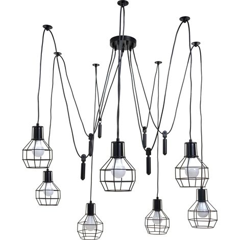 Lampe à suspension HWC-H85, métal industriel, réglable en hauteur, noir 7x abat-jours cage (1/5)