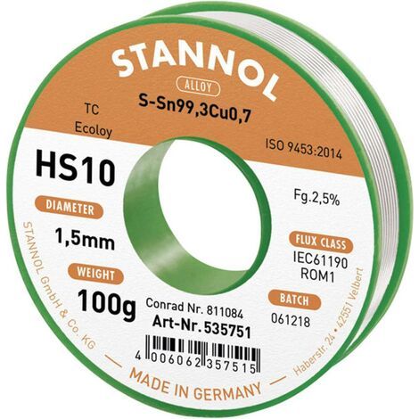 Stannol HS10 2510 Lötzinn, bleifrei Spule Sn99,3Cu0,7 ROM1 100 g 1.5 mm (1/4)