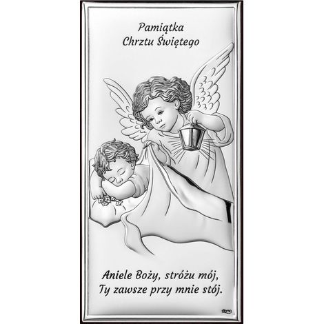 Imagen plateada de un ángel, recuerdo del Santo Bautismo, con la oración "Ángel de Dios..." DS01 5 x 10 cm (1/5)