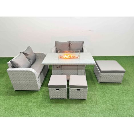 Fimous 7 Seater Outdoor Love Sofa Set Rattan Garden Furniture Set with Firepit Dining Table 3 Footstool Light Grey (1/4)