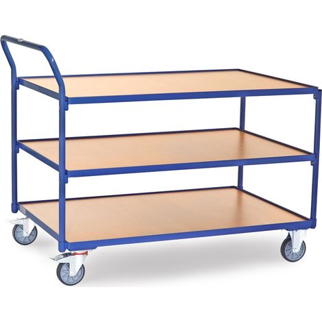 Fetra Tischwagen mit Holzwerkstoffplatten 3 Etagen mit hochstehendem Schiebegriff 1200x800mm Ladefläche (1/2)